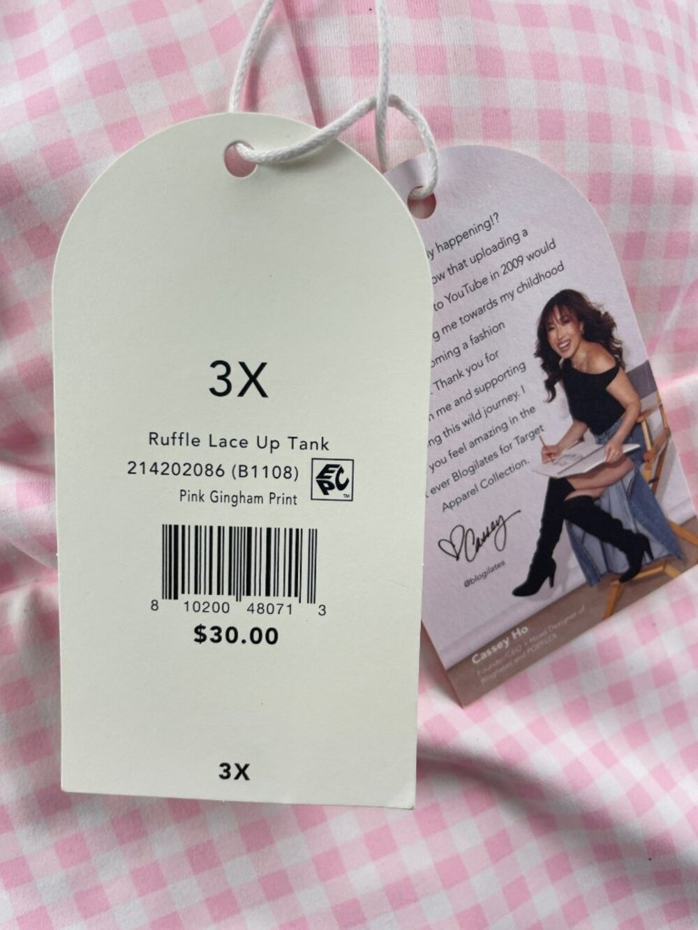 Blogilates Pink Ruffle Lace-Up Gingham Tank Top Floral Straps Wmn's Size 3X NWT - Picture 6 of 9